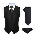 HISDERN Black Waistcoat for Men Wedding Party Solid Color Men's Waistcoats & Necktie and Pocket Square Vest Suit Set Black XL