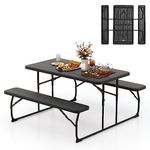 Tangkula Folding Picnic Table with 2 Benches, Outdoor Metal Camping Table Set with Plastic Wood-Like Texture Tabletop & Steel Frame, Foldable Camping Table for Picnic, Party, BBQ