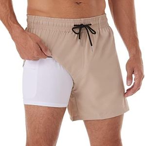BRISIRA Swim Trunks Men Quick Dry Swim Shorts 5 inch Inseam Stretch Water Beach Shorts with Compression Liner Zipper Pocket Lightkhaki