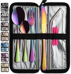 VANDBAO Camping Utensils Set, Portable Travel Utensils with Case for Fixing Tableware, Reusable Stainless Steel Stable Cutlery Set, Lunch Picnic Flatware Silverware (Rainbow Set)