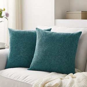 Meekio Set of 2 Teal Green Pillow Covers 18 x 18 Inch Farmhouse Boho Decorative Throw Pillow Covers Linen Cushion Covers for Sofa Couch Décor