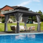 GarveeLife Hardtop Gazebo - 13' x 10' Outdoor Pc Roof Gazebo with Aluminum Frame, Double Roof Canopy with Mesh and Curtains for Backyards, Patios, Lawns, Suitable for All Seasons and All Weathers,Grey