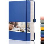 EMSHOI A5 Notebook - 21.4 x 14.5 cm Lined Journal with 256 Numbered Pages, 120gsm Thick Paper, Sticky Notes, 8 Perforated Sheets, Hardback Vegan Leather Notepad for Women Men Writing - Blue