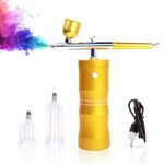 Quevina Cordless Airbrush,Rechargeable Airbrush Gun with 0.3MM Nozzle Dual-Action for Make Up,Doodling, Model Coloring, Drawing (Golden)