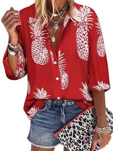 ZXZY Women Pineapple Printed Tropical Shirts Lapel Collar Half Sleeves Buttons Down Blouse Hawaiian Tops