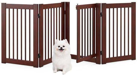 Costway 207 x 77 cm Freestanding Pet Gate, 4 Panel Retractable Wooden Folding Dog Fence w/Walk Through Door, 360° Rotatable, Indoor Safety Gates for Stairs Doorways Hallways Bedrooms (Cherry, 4 Panel)