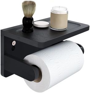 Drill-Free Toilet Paper Holder with Phone Shelf Bamboo Wall-Mounted, No-Drill & Drillable, Bathroom Storage Organizer, Space Saver Tissue Roll Rack for Bathroom, Kitchen, Home Decor (Black)
