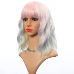 VCKOVCKO Natural Wavy Wig With Air Bangs Short Bob Piano Color Wigs Women's Shoulder Length Wigs Wavy Synthetic Cosplay Bob Wig for Girl Colorful Wigs(12",rainbow color)