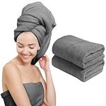 Scala Extra Large Hair Towel 24" x 48" Anti Frizz for Long Hair, Multipurpose Microfiber Bath Towel for Pool, Gym, Yoga, Camping - Quick Drying, Ultra Absorbent Includes Towel Clips, Gray, 2 Pack