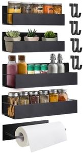 4 Pack Magnetic Fridge Shelf and Magnet Paper Towel Holder,Moveable Metal Magnet Fridge Spice Organizer Rack with 8 Hook,Black Magnetic Seasoning Shelves for side of Refrigerator, Microwave, Kitchen