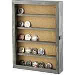 MyGift Wall Mounted Vintage Gray Solid Wood Challenge Coin Display Case, Hanging Shadow Box with Clear Viewing Panel on Hinged Door, Metal Latch, and Corkboard Backing