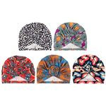 DRESHOW 5 Pack Women Turban African Pattern Knot Headwrap Beanie Pre-Tied Bonnet Chemo Cap Hair Loss Hat