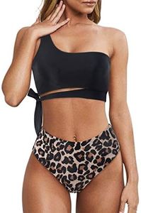 MOOSLOVER Women One Shoulder High Waisted Bikini Tie High Cut Two Piece Swimsuits(M,Black Panther)