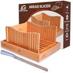 Bamboo Bread Slicer for Homemade Bread with 15” Knife 3 Slice Thickness | Adjustable & Foldable Bread cutter for Bread, Cakes,Bagels | Extra Cutting Guide, stop board, Crumb Tray & storage bag