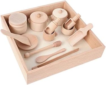 Montessori Sensory Bin Tools Toy with Wooden Box for Toddlers, Pretend Play Dish Toys Wooden Bowls Scoop Tongs Transfer Work Pouring Set, Kids Fine Motor Skills Development