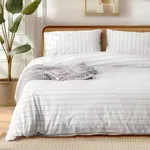 DELIGHT HOME Stripe Duvet Cover Set Queen Size, Yarn-Dyed Cotton Duvet Covers 92x92 Inches with 2 Pillowcases, 3 Pieces Bedding Duvet Cover Set, Stripes Comforter Cover with Buttons Closure, White