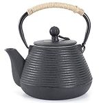 MILVBUSISS Cast Iron Teapot with Warmer, 1000ml Tea Kettle Stovetop Safe with Infuser for Loose Leaf, Japanese Tea Pot Coated with Enameled Interior, 35oz Black (M)