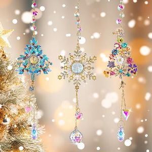 H&D HYALINE & DORA 3pcs Christmas Tree Sun Catcher Crystal Christmas Ornaments Glass Snowflake Rainbow Sun Catcher for Window Christmas Tree New Year Party Decoration