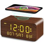 Andoolex Wooden Digital Alarm Clock with Wireless Charging, 0-100% Adjustable Brightness Dimmer and Alarm Volume, Weekday/Weekend Mode, Dual Alarm, Snooze, 12/24H, Wood LED Clock for Bedroom (Brown)