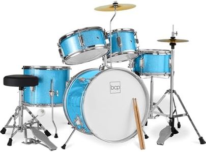 Best Choice Products Kids 5-Piece Beginner Drum Set Junior Kit, Starter Percussion w/Cymbals, Pedal, Toms, Snare, Drumsticks, Stool - Blue Sparkle