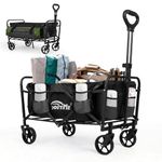 Goutime Folding Wagon Cart,Fodable Utility cart with Side Pocket and Four Cup Holder, Shopping cart with Wheels All-Terrain for Beach Camping Garden (Black)