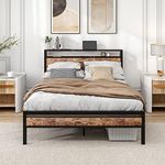 BOFENG Full Size Bed Frame with Wood Storage headboard,Charging Station,Double Metal Platform Bed Frames Full No Box Spring Needed,Industrial Bed Frame with Storage,Reinforced Steel Slat Support,Brown