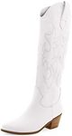 VIMISAOI Cowboy Boots for Women, Fashion Retro Pointed Toe Pull On Wide Calf Long Tall Block Chunky Heel Embroidered Western Cowgirl Knee High Boots