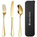 Portable Utensils Set with Case,Reusable Office Flatware Set,Healthy Travel Cutlery Set 3 PCs Stainless Steel Fork, Spoon,Knife Cutlery Ideal for Travel, Lunch Box and Camping (Gold-3PCs)