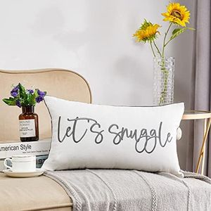 Sunkifover Decorative Lumbar Pillow Covers 12x20 Inches, Soft Solid Rectangular Embroidered Rectangle Pillow Case with Let's Snuggle Saying for Bed, Bedroom (Color Grey)