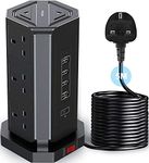 Tower Extension Lead 5M, NVEESHOX Vertical Power Strip Tower with 9 Way Surge Protector Multi Plug Extension and 1 USB-C Charging Port +4 USB for Laptop Phone Tablets