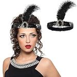 WLLHYF 1920s Headbands for Women Black Feather Hairband Rhinestone Crystal Flapper Headpiece 20s Vintage Beaded Leaf Hairband Hair Valentines Accessory for Girls Costume Party (Black Crystal)