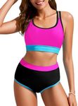 Hanna Nikole Women's High Waisted Bikini Sets Sporty Two Piece Swimsuits Color Block Bathing Suit Cheeky Swimwear Pink M