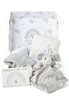 Baby Box Shop - Personalised Baby Gifts Ideal as Christening Gifts Unisex - Personalised Fleece Blanket & Muslin Cloths with Grey Elephant Baby Comforter & Gift Message Card