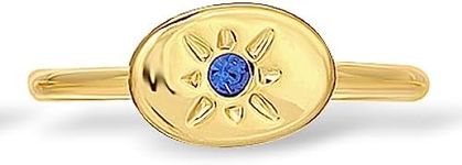 Lucky Feather September Birthstone Ring for Women - 14K Gold Plated Signet Ring with Unique Starburst Pattern - Fully Adjustable Sapphire Birthstone Rings make adorable gifts for Women