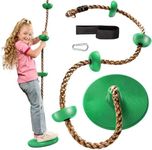 Jungle Gym Kingdom Tree Swing Climbing Rope with Platforms Green Disc Swings Seat - Outdoor Playground Set Accessories Tree House Flying Saucer Outside Toys - Snap Hook and 4 Feet Strap (Green)
