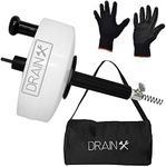 DrainX Power Pro 50-FT Steel Drum Auger Plumbing Snake with Drill Attachment | Drain Snake for Manual or Powered Use | Heavy Duty Drain Cleaning Cable with Work Gloves and Storage Bag Included