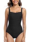 Derssity One Piece Swimsuit Ruched Tummy Control Swimming Costume for Women Plus Size Straight Neck Swimwear Bathing Suit(Black,M)