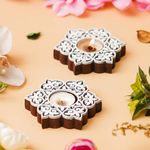 eCraftIndia Set of 2 White Brown Wooden Floral Printing Block Decorative Tea Light Candle Holders, Diya Stands - Tea Light Holders - Christmas Diwali Decoration Items for Home Decor