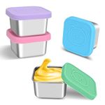 4Pcs Salad Dressing Pots To Go Food Container Sauce Pots Small Stainless Steel Condiment Cup Square Storage Containers With Silicone 62Ml/2.1oz Bpa-Free Blue,Green,Pink&Purple Lids for Lunch Bento Box