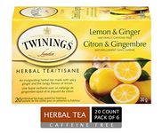 Twinings Lemon & Ginger Herbal Individually Wrapped Tea Bags | Naturally Caffeine-Free | 20 Count (Pack of 6) | Enjoy Hot or Iced