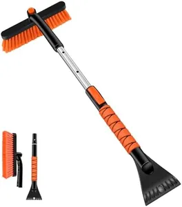 Odoland 33" Extendable Snow Brush with Detachable Ice Scraper for Car Windshield with Foam Grip and 360° Pivoting Brush Head for Christmas Car Auto Truck SUV, Orange