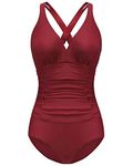 FLYRONG Swimming Costume Women Tummy Control Swimwear V Neck One Piece Swimsuit (as8, Alpha, l, Regular, Regular, Plain-Wine, Large)