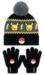 Pokemon - Winter Warm & Comfy Beanie Hat & Gloves Set for Boys - Pikachu Design - Perfect for Boys 6-12 Years - Gift Set - Black/Yellow