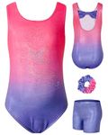 JiAmy Gymnastics Leotards for Girls with Bow Back, Sparkly Dance Unitards with Shorts Ballet Biketards Outfit for 3-12 Years Gradient Red 8-9 Years