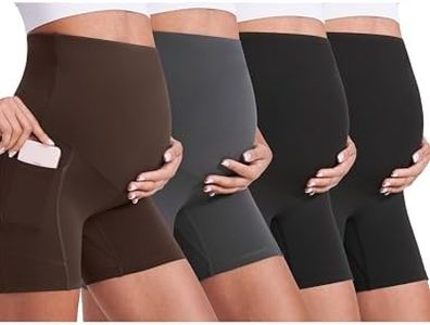 Enerful 4Pack Women's Maternity Yoga Shorts Over The Belly Comfy Workout Running Active Biker Pregnancy Pants with Pockets 5",Black Black Grey Brown Large