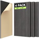 TONOR 4 PCS Wood Slat Panels, 48"x24" Adhesive Acoustic Panels for Wall, Decorative 3D Fluted Panels for Sound Absorbing, Soundproof Panels with Wood Finish for Living Room, Ebony Wood Black