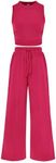 BTFBM Women Summer 2 Piece Outfits Ribbed Knit Crew Neck Sleeveless Cropped Top Elastic Waist Wide Leg Pants Lounge Set(Solid Rose Red, Small)