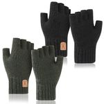 KLEBREIS Fingerless Gloves 2 Pairs Half Finger Gloves Unisex Half Finger Fleece Lined Gloves for Skiing, Running, Hiking, Driving?Dark Green, Black