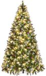 Yaheetech 7ft Pre-lit Frosted Artificial Hinged Christmas Tree with 80 Pinecones & Holly Berries, 1214 Flocked PVC Tips, 400 Warm White Lights, Foldable Stand, Green