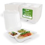 Eco-Craze (8x8x3 inch), 3 Compartment Bagasse Clamshell Take Out Food Containers (200 Count),Biodegradable & Compostable Containers With Hinged Lids, Eco-Friendly Made From Sugarcane Fiber